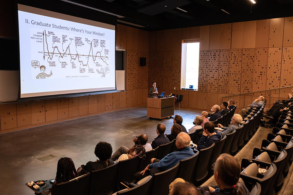 Professor Amanda Stent gives a lecture in Wegmans Hall.