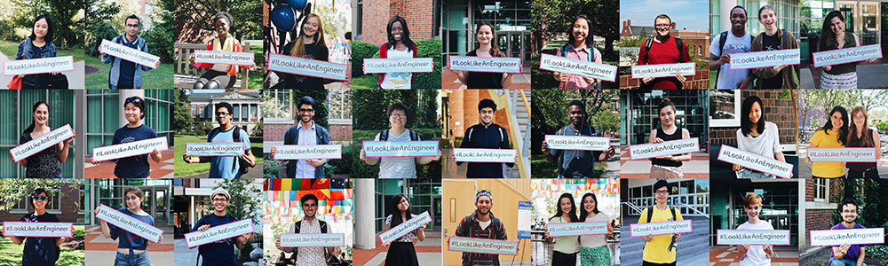 Photo collage of students holding signs.