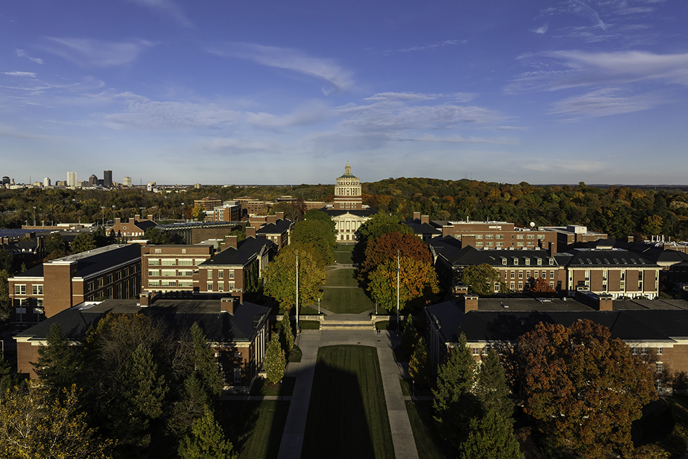 An aerial view of River Campus in fall.