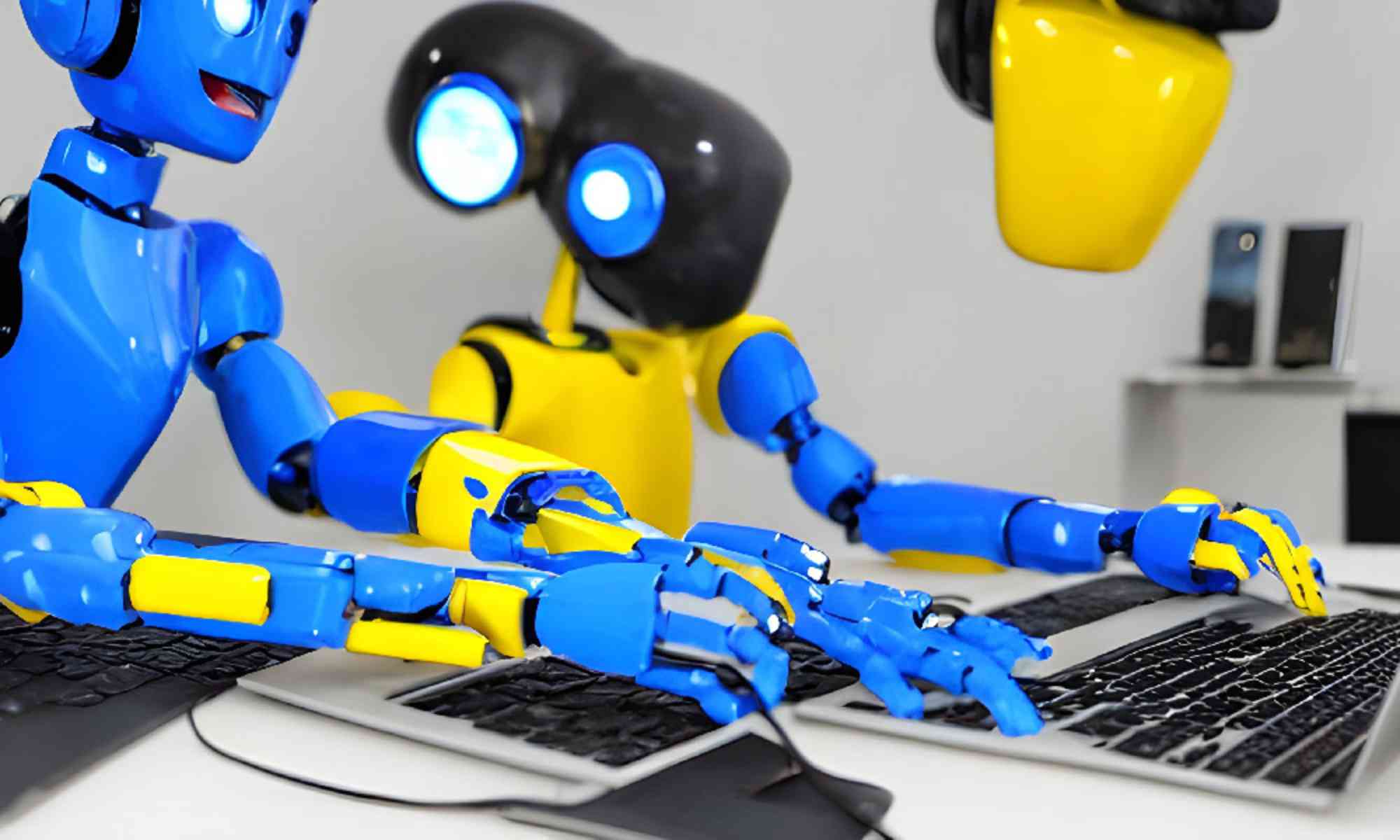 Two blue- and yellow-colored robots work at a laptop to illustrate the concept of ai chatbots like chatgpt affecting higher education.