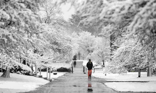 Campus walkway covered in snow