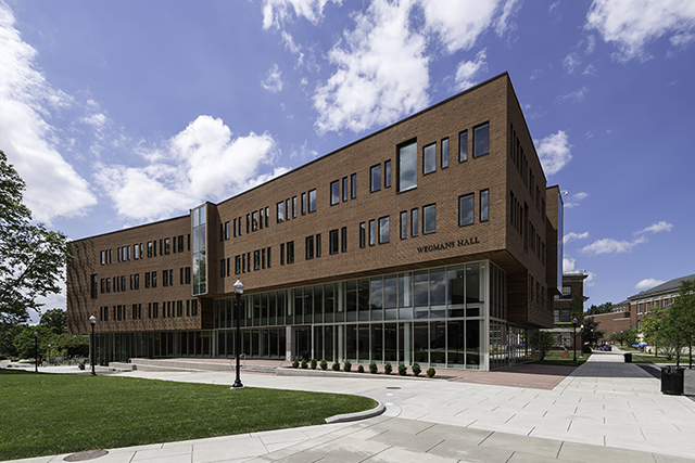 An exterior view of Wegmans Hall from an extreme angle.